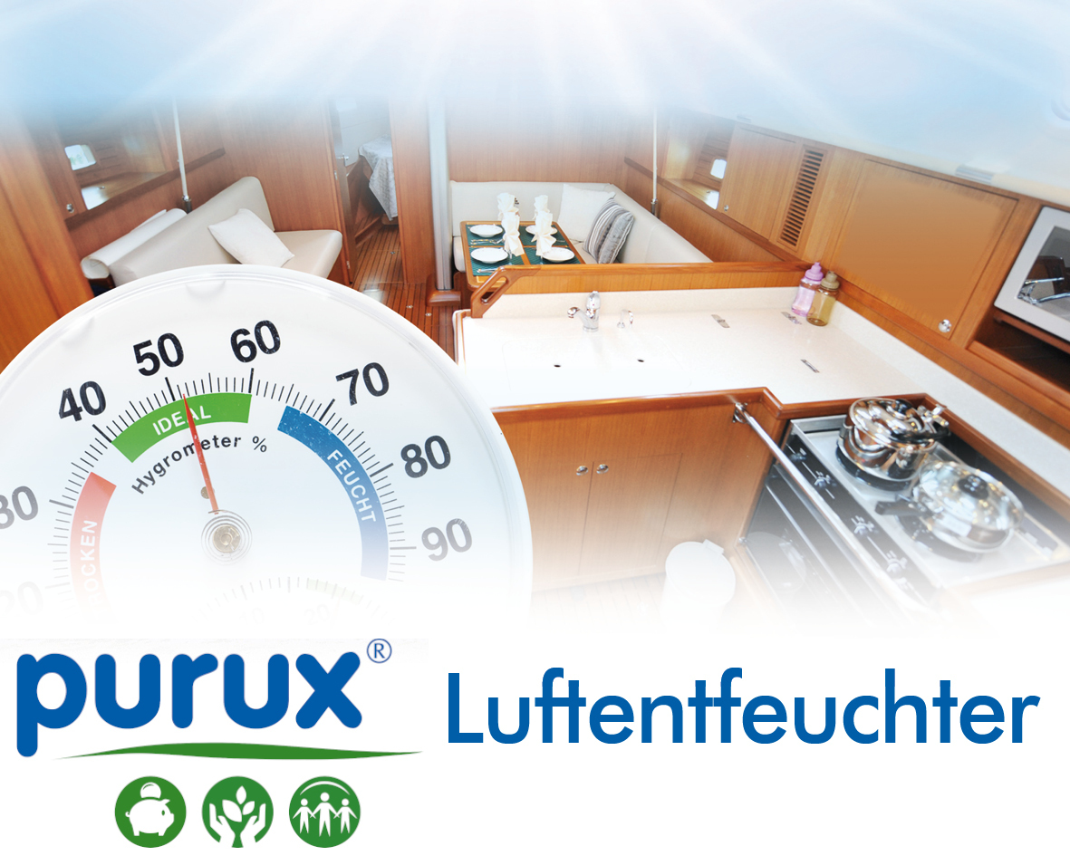 Bild einer Küche mit einem Messgerät für Luftfeuchtigkeit. Das Messgerät zeig Ideale Feuchtigkeit an. Unterschrift Purux Luftentfeuchter