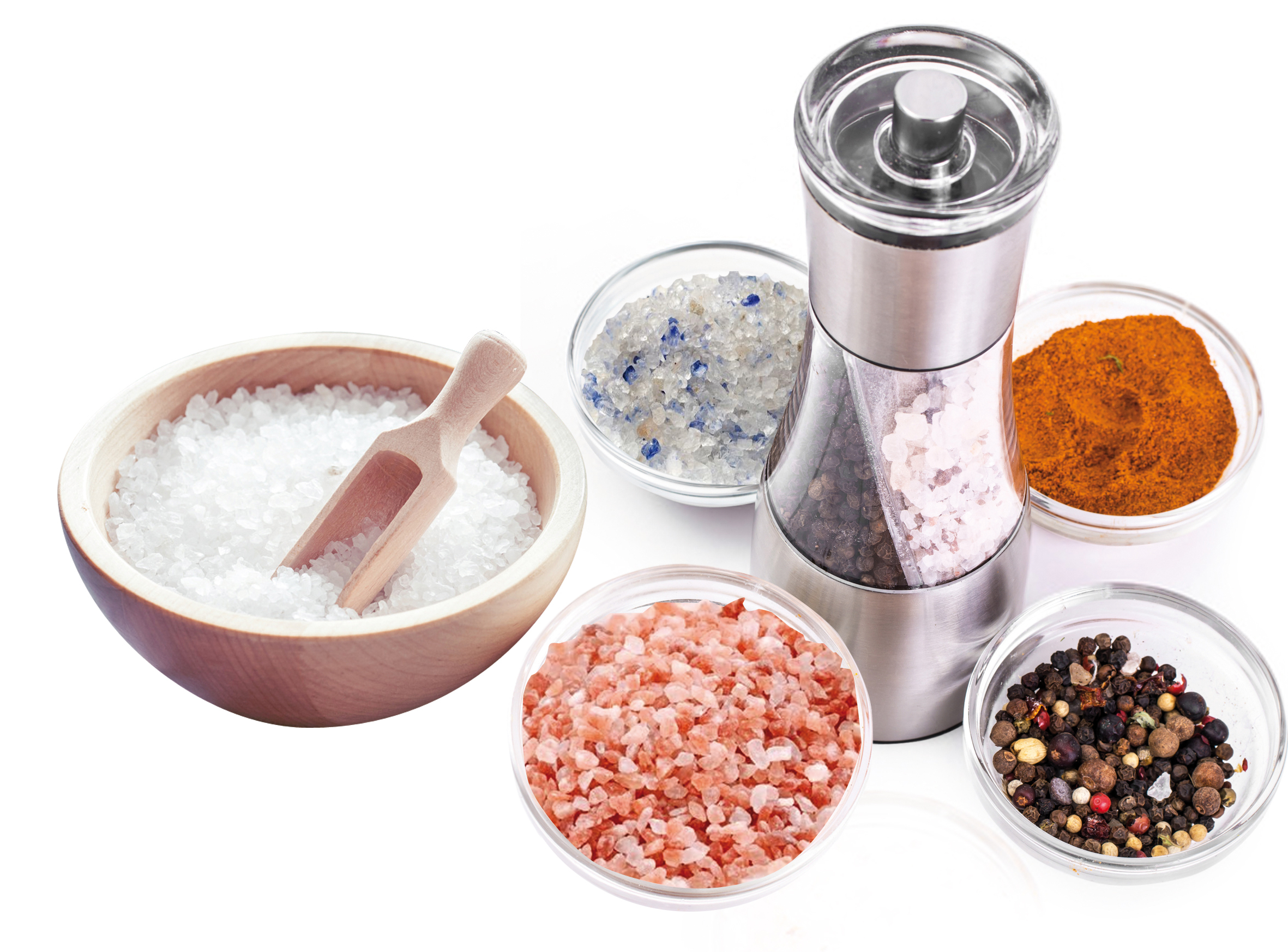 Verschiedene Salze in Verschiedenen Behältern auf weißem Hintergrund 
